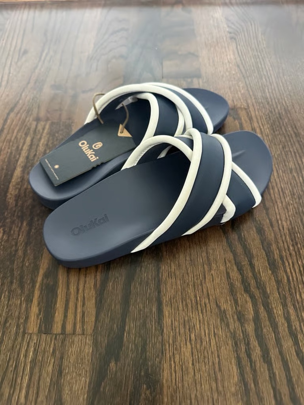 Time and Tru Navy and White Crisscross Slide Sandals